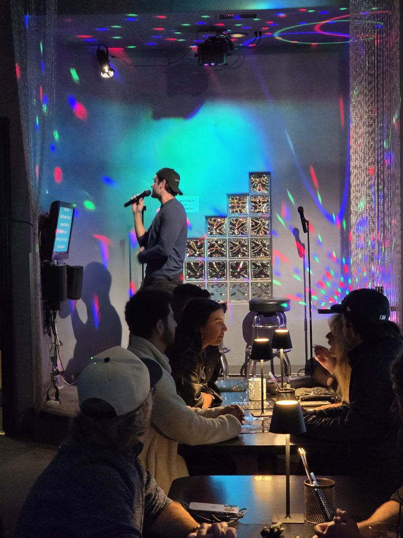 A singer on the mic under the disco lights at Rhythm & Bleu
