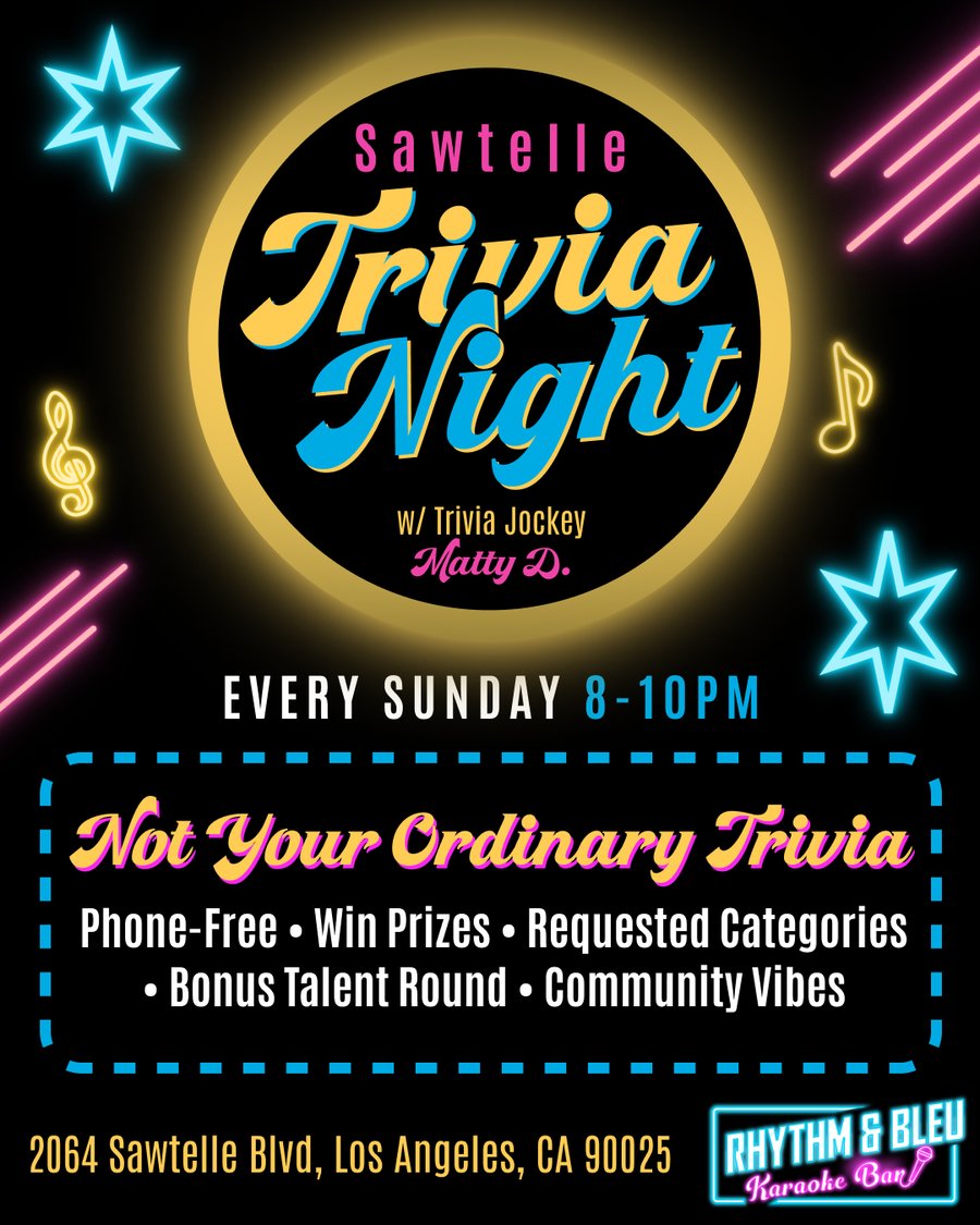 Sawtelle Trivia Night poster — every Sunday 8–10 PM